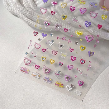 Renkli Aşk Kalp Elmas Kabartma Moda Tırnak Çıkartmalar Manikür Tasarımları sevgililer Günü Kendinden Yapışkanlı Dekorasyon Çıkartması