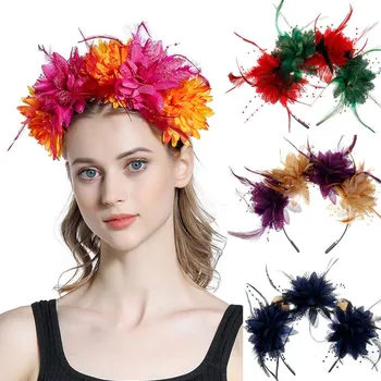 Renkli Tüyler Cadılar Bayramı Kafa Bandı Moda Simülasyon Çiçek Kafa Bandı Bohemia Dans Bandı Düğün Kostüm Cosplay Şapkalar