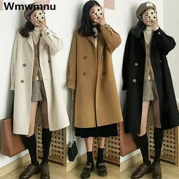 Retro kadın Kruvaze Yün Palto Sonbahar Kış Çizgisiz Uzun Ceketler Casual Kore Stilleri Palto Sıcak Kalın Yeni 2023