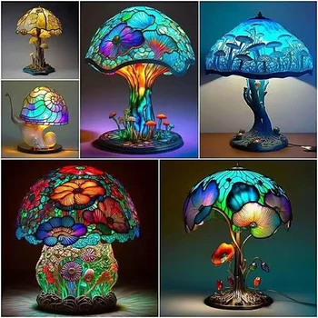 Retro Yaratıcı Boyalı Cam Bitki Masa Lambası Renkli Bitki Dekoratif Lamba Yatak Odası Başucu Çiçek Mantar Atmosfer Lambası