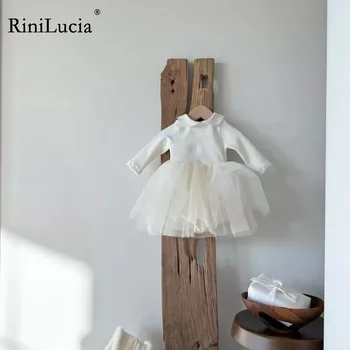RiniLucia 2023 Yeni Yenidoğan Bebek Romper Kız Giysileri Sonbahar Katı Uzun Kollu Tül Tulum Tatlı Kostüm Çocuk Giyim