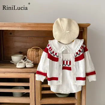 RiniLucia Moda Yürüyor Bebek Bebek Kız Giysileri Setleri Sonbahar Kış Kız dış giyim 2023 Yeni Örme Ceket Romper Takım Elbise