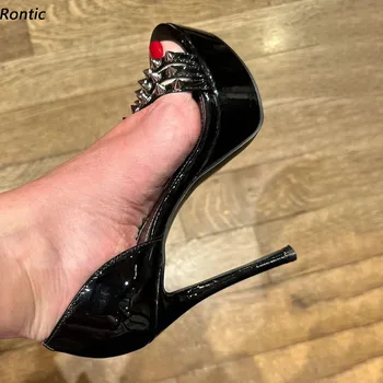 Rontıc El Yapımı Kadın Yaz platform sandaletler Patent Deri Stiletto Topuklu Yuvarlak Ayak Güzel siyah ayakkabı ABD Artı Boyutu 5-20