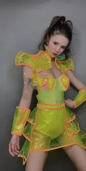 Sahne kadın gogo gösterisi abartılı parti floresan sarı PVC plastik floresan turuncu perspektif ds kostüm