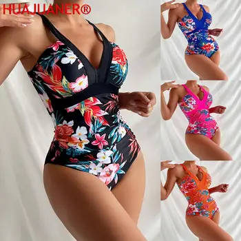 Seksi Bikini Çiçek Baskı Taraklı Tek Parça Mayo V Yaka Kadın Monokini 2023 Yeni Kızlar Plaj Mayo Mayo