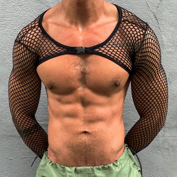 Seksi Erkek Şeffaf Mahsul Tops Uzun Kollu İnce Elastik Örgü T-Shirt Streetwear Erkekler Moda İçi Boş kısa T Shirt