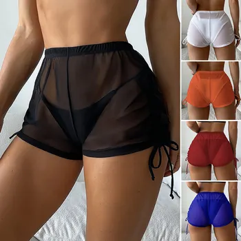 Seksi Katı kadın plaj şortu şeffaf ağ Bikini Kapak Yaz İpli Mayo See Through kısa pantolon