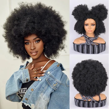 Sentetik Afro Kinky Kıvırcık Peruk Siyah Kadınlar İçin Kısa Kabarık kahküllü peruk Tutkalsız Cosplay Doğal Siyah Peruk