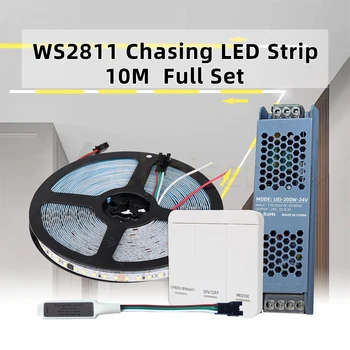 Seti Takip LED Şerit RF Panel Denetleyici + DC 24V Sürücü + 10M WS2811 Akan Su İşık Akan Piksel Bant Doğal Sıcak Beyaz