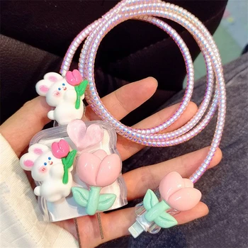 Sevimli 3D Tavşan Çiçek Pençe Aşk Kalp USB kablosu Koruyucu Kapak iPhone 18W-20W Veri Hattı Bite Kafa Kablosu Hızlı Şarj Durumda
