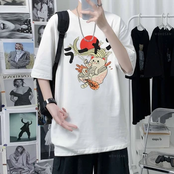 Sevimli Ramen Kedi Grafik T Shirt Unisex Yaz Kalın Pamuklu Rahat Yumuşak Tees Tops Kadın Erkek Karikatür Baskılı T-Shirt Elbise