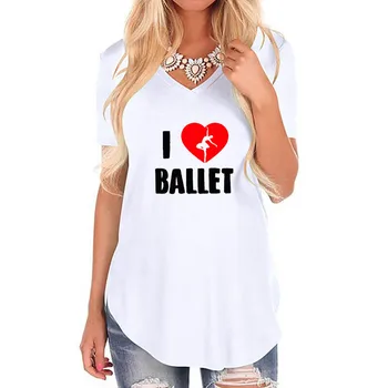 Seviyorum Bale Dans Kız Mektup Baskı Kadın bol tişört V Boyun Vintage Gömlek Kadın Femme Yaz Sevgilisi Hediye Rahat Üst