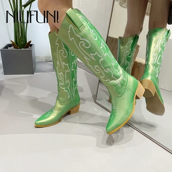 Sivri Nakış bayan Botları Üzerinde Kayma Uzun Tüp Çizmeler Hakiki Deri Şövalye Çizmeler 2023 Kış Yeni kadın ayakkabısı Kalın Topuklu