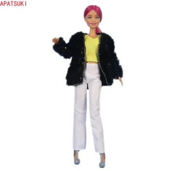 Siyah Pullu Kürk Ceket Giyim Seti barbie bebek Moda Ceket Yelek Üst Pantolon Barbie 1/6 BJD Bebek Aksesuarları Çocuk Oyuncakları