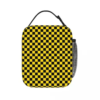 Siyah Ve Sarı Checker Desen Yalıtımlı Öğle Çanta Resuable Piknik Çanta Termal Soğutucu Öğle Yemeği Kutusu Öğle Tote Kadın Çocuklar için