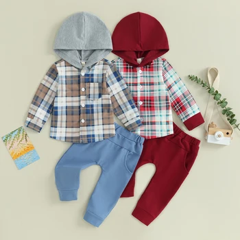 Sonbahar Bebek Erkek Giysileri Moda Yeni Bebek Kıyafetleri Ekose Düğmeler Uzun Kollu Hoodies Gömlek Pantolon 2 Adet Çocuk Giyim Seti