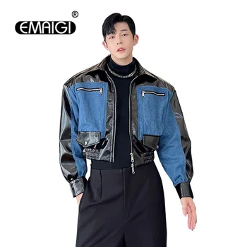 Sonbahar Denim Splice Deri Ceket Erkekler Kore Streetwear Moda Gevşek Casual Vintage Kısa Küçük Ceket Ceket Erkek Marka Giyim