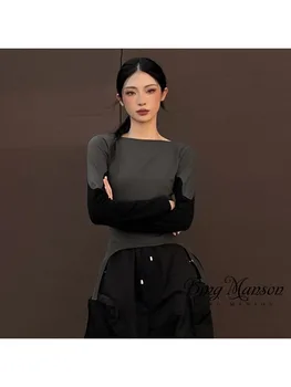 Sonbahar kadın Yeni Moda Seksi Büyük Aç Arka Panel Uzun Kollu Yuvarlak Boyun Çok Yönlü Moda Rahat Baharatlı Kız tişört Üst