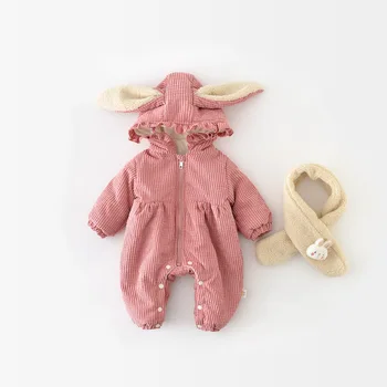 Sonbahar Kış Tavşan Tarzı Erkek Kız Bebek Hırka Artı Kadife Kalınlaşmak Kapşonlu Romper Bebek Moda Tulum Çocuk Katı Tek parça
