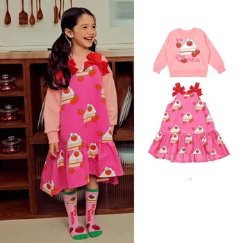 Sonbahar / Kış Yeni Çocuk Giysileri Kız Çilek Kek Baskılı Pamuk Kore Çocuk Seti Bebek Takım Elbise Kazak Uzun Kollu + Elbise