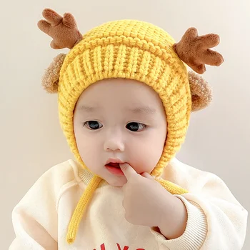Sonbahar ve Kış Bebek Örme Şapka Bebek Sevimli Yabancı Geyik Boynuz Şapka Erkek ve Kız Kalınlaşmış Sıcak Bebek Seti Şapka