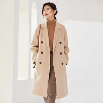 Sonbahar ve kışlık kıyafet gevşek high-end çift taraflı yün ceket kadın orta uzunlukta kruvaze tarzı yün ceket