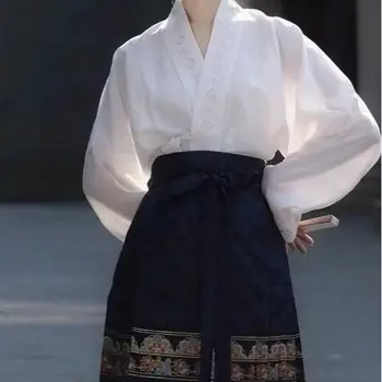 Sonbahar Yeni Çin Ulusal Tarzı At Yüz Etek Bluz Gömlek İki Parçalı Takım Elbise Geniş Kollu Elbise Oniki Kırık Geliştirilmiş Hanfu