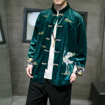 Sonbahar Çin Tarzı erkek Kadife Nakış Uzun Kollu Gömlek erkek Düğme Standı Yaka Ceket Han Tang Geleneksel Giyim