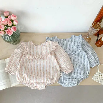 Sonbahar Çocuklar Kardeş Kıyafet Giysileri Pamuk Bebek Gömlek Çocuk Bebek Kız Lotus Yaprağı Yaka Çizgili Uzun Kollu Romper Bluz Üst