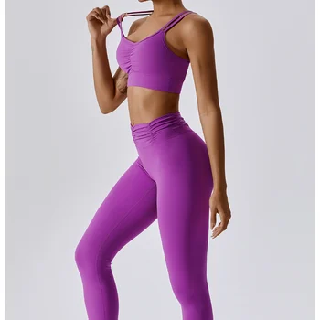 Spor Yoga Seti Seksi Çapraz Geri Spor Yoga Sutyen Sıkı Tayt Takım Elbise Kadın Düz Renk Spor Üst egzersiz iç çamaşırı Pantolon Takım Elbise