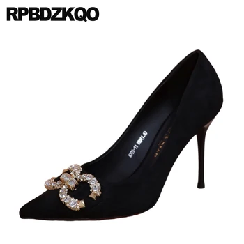 Stiletto Kadın Elmas Koyun Derisi Metal Ayakkabı 34 Mücevher Akşam Kayma Yüksek Topuklu Nubuk Taklidi Pompaları Sivri Burun Kristal