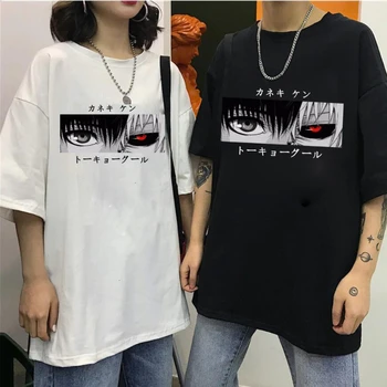 Sıcak Anime Tokyo Ghoul Kaneki Ken Gözler Japonya Anime Baskı T-shirt Hip Hop Erkekler Streetwear Harajuku Çift Üstleri