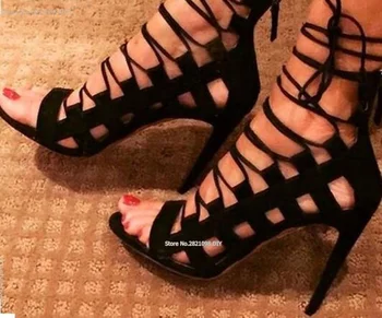 Sıcak Satış Yeni Tasarımcı Siyah Süet bağcıklı ayak Bileği-wrap Sandalet Peep Toe Cut-out Kafes ayakkabı kadın Kadınlar İçin Boyutu 34-42 Ücretsiz Sh
