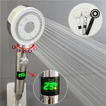 Sıcaklık Haneli Ekran Duş Başlığı 5 Modları Bir Anahtar Durdurma El Duş Yüksek Basınçlı Su Tasarrufu Filtresi Banyo Duş Başlığı