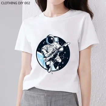 T-shirt kadın Küçük Taze Rahat Kendini yetiştirme Karikatür Uzay Fantezi Astronot Baskı Serisi Yumuşak Yuvarlak Boyun Polyester Üst