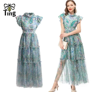Tingfly Pist Moda Çiçek Baskı Dantelli Elastik Bel Bir Çizgi Uzun Parti Elbiseler Bayan Yaz Kolsuz Largo Vestidos Elbise