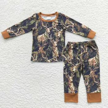 Toptan Erkek Bebek Uzun Kollu Ren Geyiği Kazak T-Shirt Çocuk kamuflajlı pantolon Seti Giyim Pijama Yürüyor Çocuk Avcılık Kıyafet