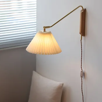 Tüm bakır döner pilili duvar lambası Ahşap yatak odası başlık soket tipi anahtarı ile çalışma kablosu-ücretsiz külbütör lambası