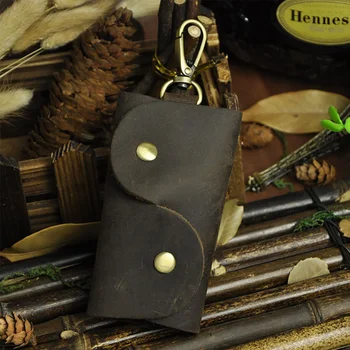 Unisex Hakiki Deri Araba Anahtarı Çanta Tutucu halkalı anahtarlık Kapakları Kılıfı Vintage Kadın Erkek Çılgın At Inek Derisi Kahya