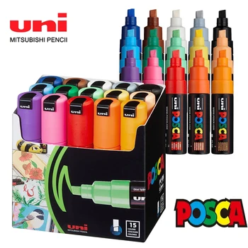 Unı PC-8K 15C Posca Akrilik boya kalemi Kalem Seti, Ekstra Geniş 8mm Keski İpuçları Kaya Boyama Graffiti POP Reklam Sanat Kalemler