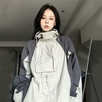 Vintage Açık Ceketler Kadın Y2k Streetwear Su Geçirmez Büyük Boy Sonbahar Kapşonlu Harajuku Rüzgarlık Ceket Kore Moda
