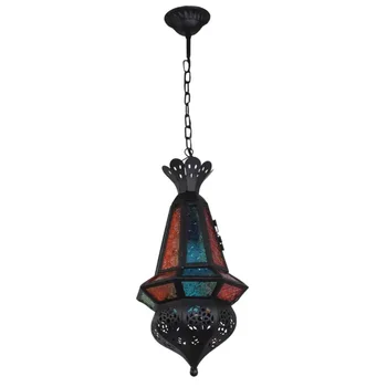 Vintage Fas Retro Siyah Boyalı Demir Zincir kolye ışık Vitray Su Desen Cam Droplight