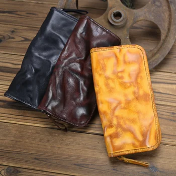 Vintage Moda Hakiki Deri erkek cüzdanları Bitki Tabaklanmış Su Yıkama Iş Rahat El Yapımı Çanta Inek Derisi Uzun El Çantası