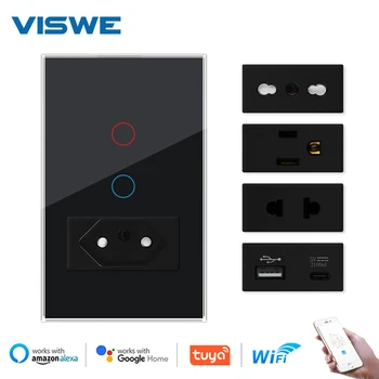 VISWE 1/2gang Tuya Akıllı Wifi Dokunmatik Anahtarı ile BR / ABD soket, 118*72mm Temperli Cam Panel, Google Ev ile çalışmak/Alexa