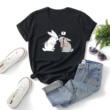 Wangxian Mo Dao Zu Shi T Shirt Kadın Pamuk Sevimli Karikatür Evcilleşmemiş Öpüşme Tavşanlar Tee Gömlek Anime Harajuku Giyim