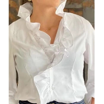 Wepbel Gömlek Kadın Düz Renk Fırfır Etek V Yaka Moda Tişörtleri Üst Fener Kollu Ruffled Beyaz Casual Düğme Ön Gömlek