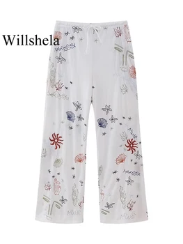 Willshela Kadın Moda Nakış Dantel Up Düz Pantolon Vintage Orta Bel Tam Boy Chic Lady