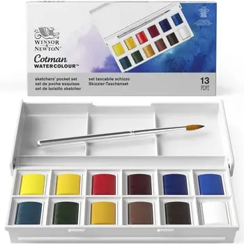 Winsor & Newton Cotman Suluboya Sketchers ' Cep Kutusu Taşınabilir Seyahat Yarım Tava 12 Renk Katı Suluboya boya paleti Fırçası