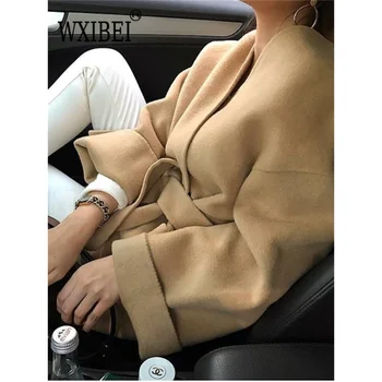 WXIBEI Katı Yün Ceket Kadın 2023 Yeni Kore Moda Vintage Uzun Kollu V Yaka Kış Ceket Rahat Gevşek Dantel-up Ceketler FC737