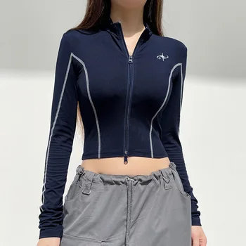 Y2K Fermuar Vintage Kırpma Üst Tam Kollu Patchwork Baskı Biker T Shirt Kadın Streetwear Moda Sonbahar Kore Tee Spot Giyim